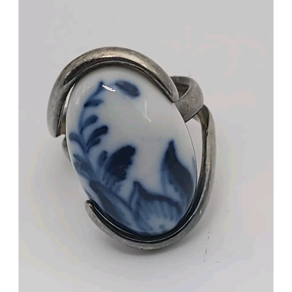 Royal Copenhagen Blue White Porcelain Floral Sterling Silver Vintage Ring Size 5